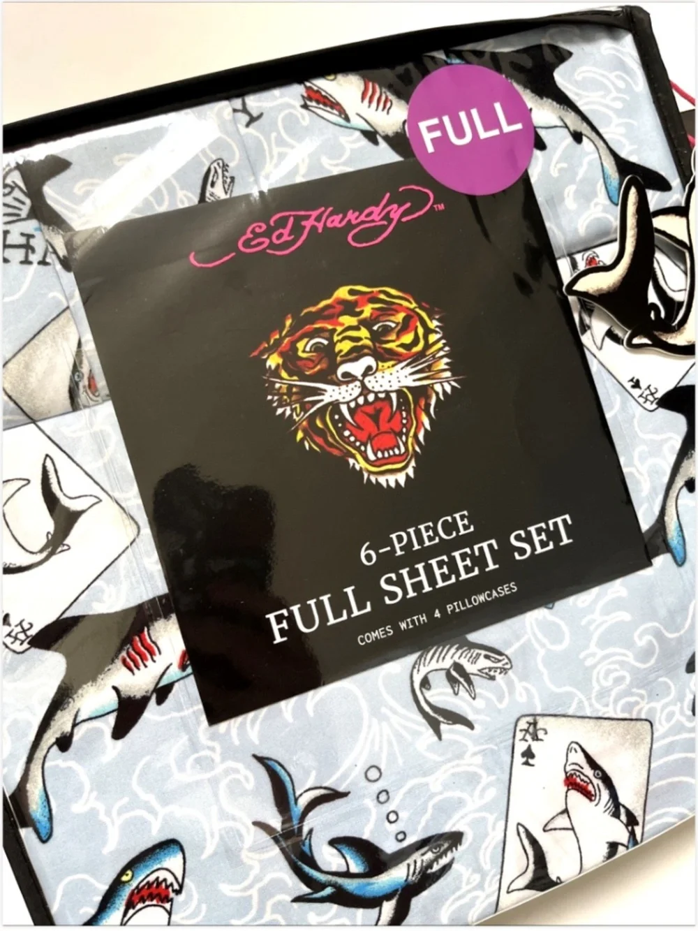 Ed Hardy Shark Full Sheet Set 6 Piece Surf Tattoo Print Blue Bedding NWT